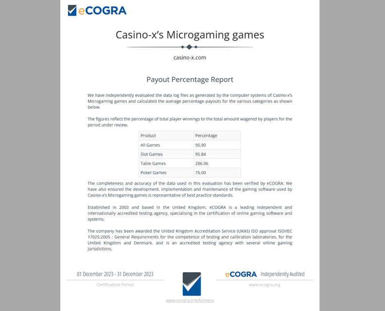 カジノエックス (Casino-X) のeCOGRA証明書